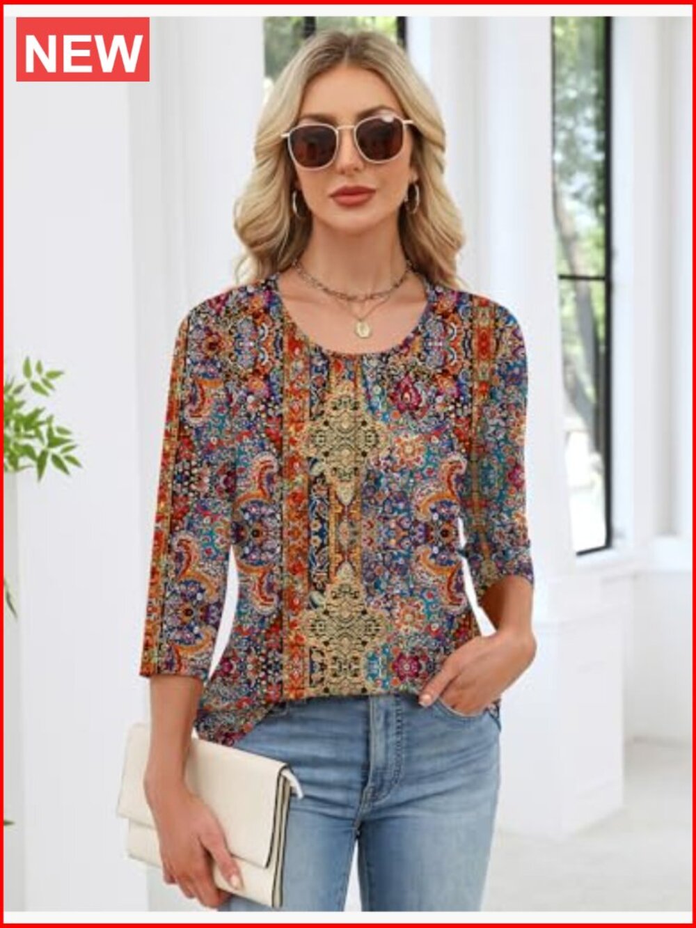 3/4 Length Sleeve Tunic Blouse Crew Neck Loose Fit Summer Casual Top - Picture 2 of 6